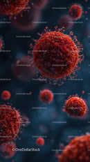 Microscopic View of Red Viruses in Blue Background