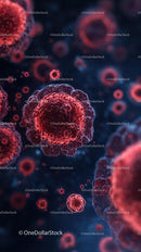 Microscopic View of Red Viruses in Blue Background