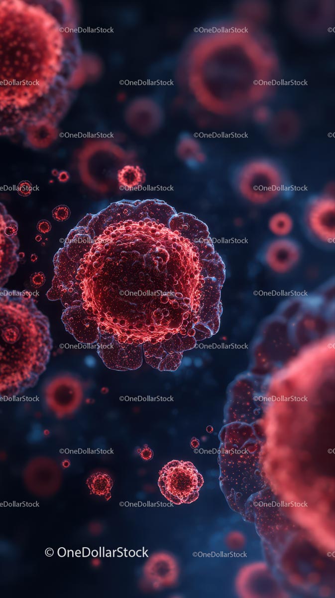 Microscopic View of Red Viruses in Blue Background
