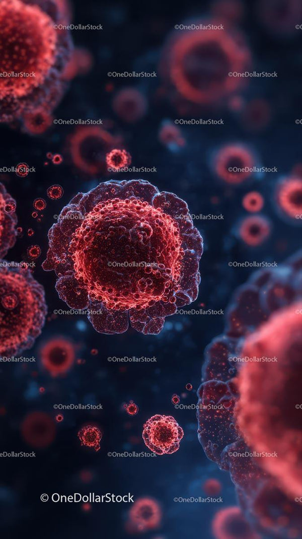 Microscopic View of Red Viral Particles in Detail