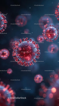 Microscopic View of Red Viruses in Blue Background