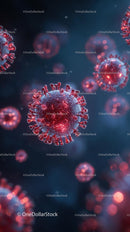 Microscopic View of Coronavirus Particles in Red and Blue
