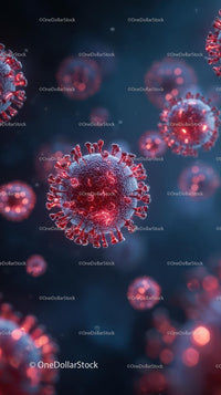 Microscopic View of Coronavirus Particles in Red and Blue
