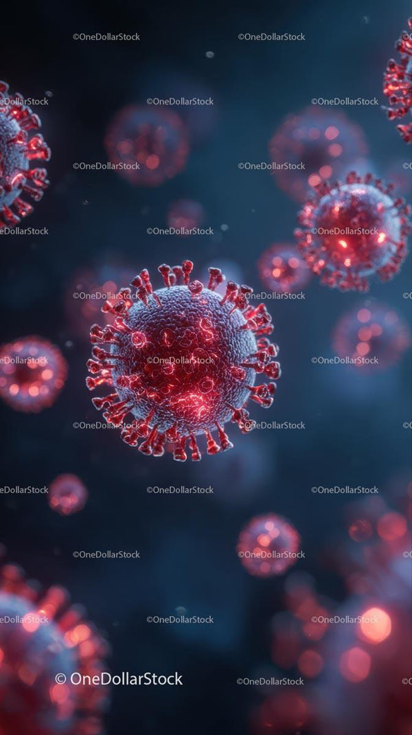 Microscopic View of Coronavirus Particles in Red and Blue