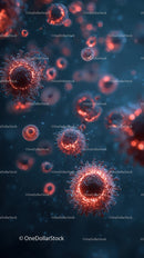 Microscopic View of Red Viruses in Blue Background