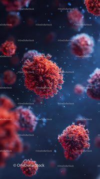 Microscopic View of Red Viruses in Blue Background