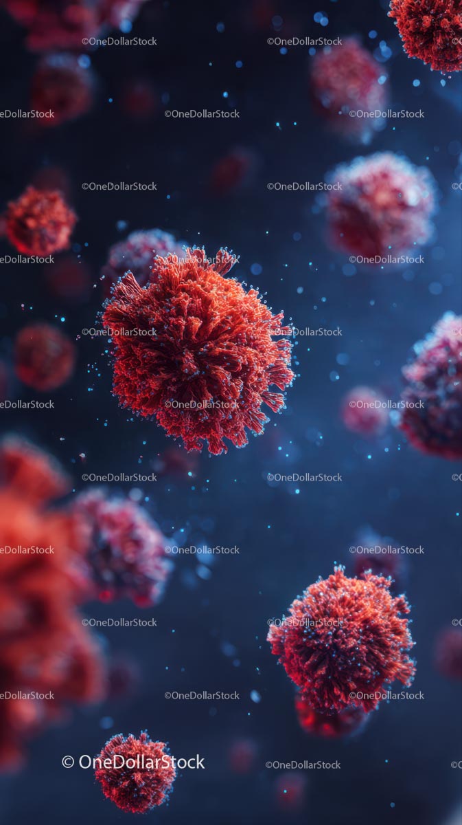 Microscopic View of Red Viruses in Blue Background