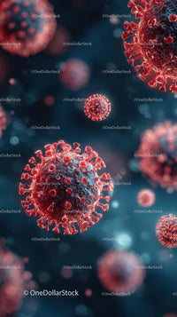 Microscopic View of Red Virus Particles on Dark Background