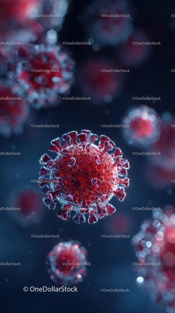 Microscopic View of Red Coronavirus Particles