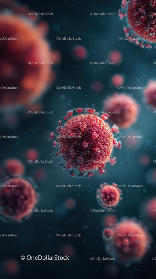 Microscopic Red Virus Particles Floating in Dark Background