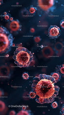 Microscopic View of Red Viruses in Blue Background