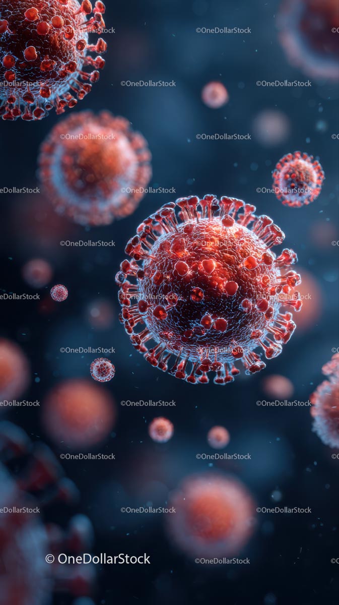 Microscopic View of Red Viruses in Blue Background