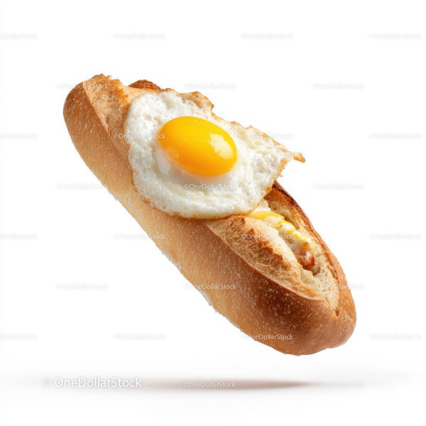 Floating Baguette with Fried Egg on a White Background