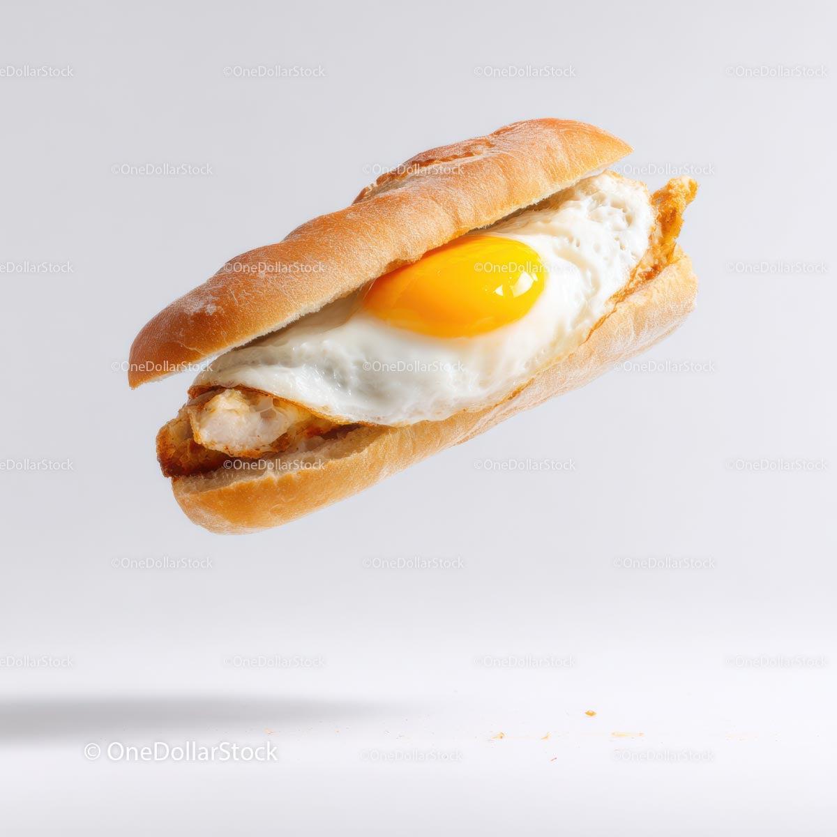 Fried Egg Baguette Sandwich on White Background