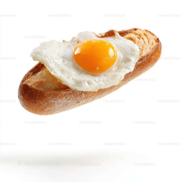 Crispy Baguette with Sunny Side Up Egg on White