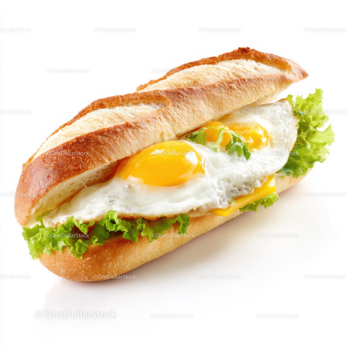 Fried Egg Baguette Sandwich on White Background