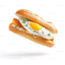 Fried Egg Baguette Sandwich on White Background