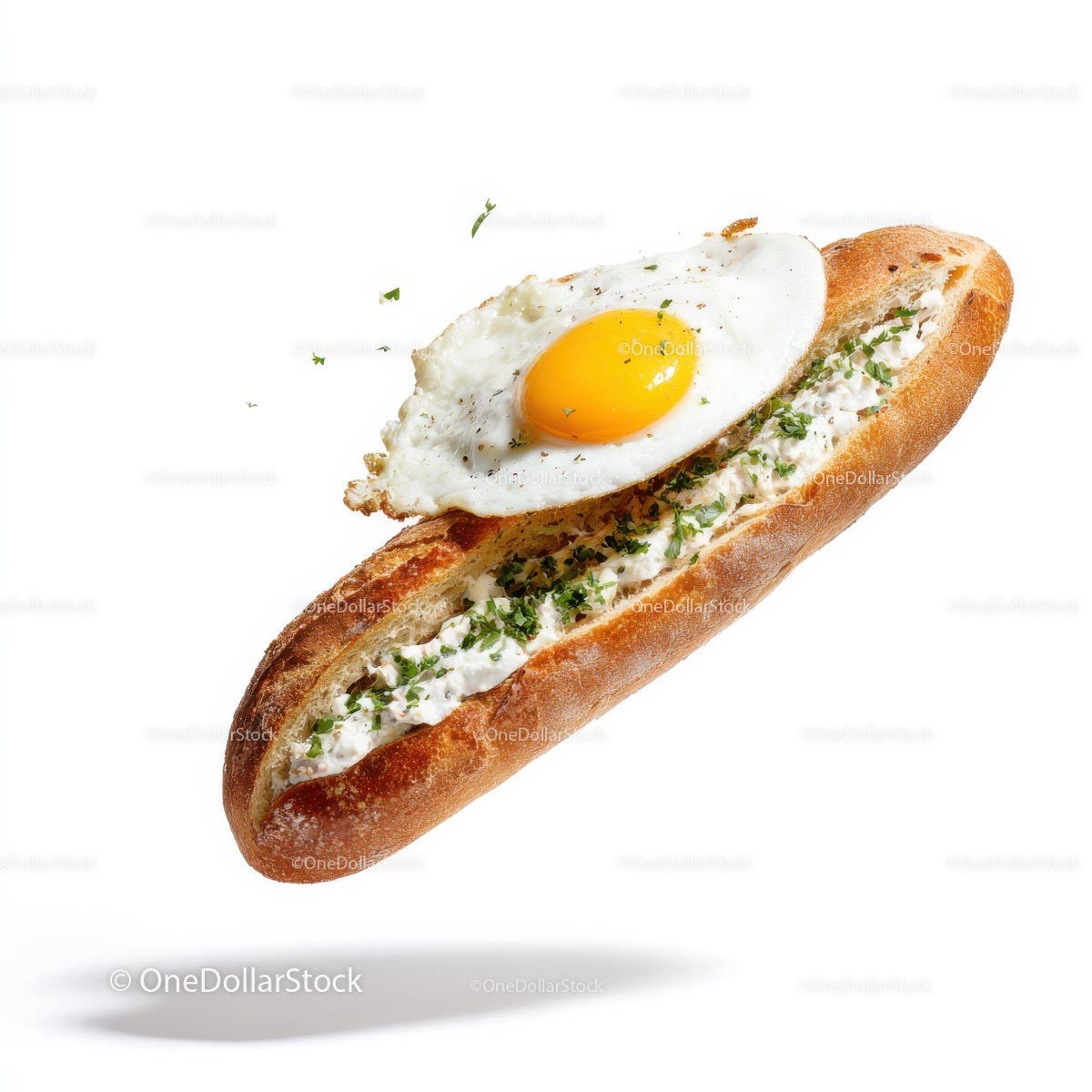 Fried Egg Baguette Sandwich on White Background