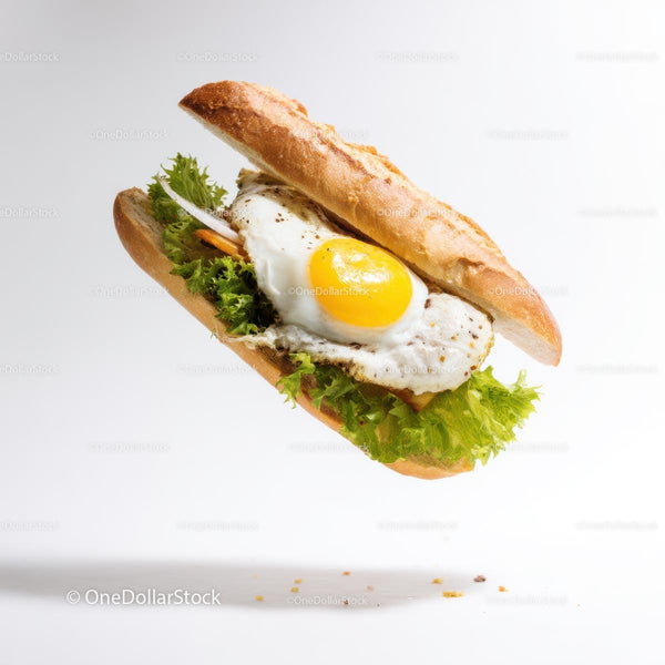 Floating Baguette Sandwich with Fried Egg and Lettuce
