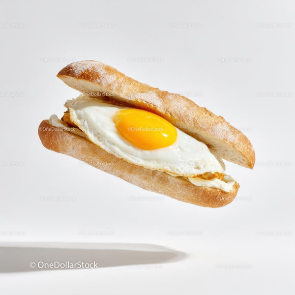 Artistic Baguette Sandwich with Fried Egg on White Background