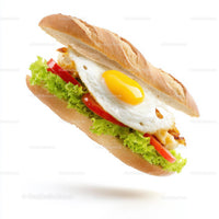 Fried Egg Baguette Sandwich on White Background