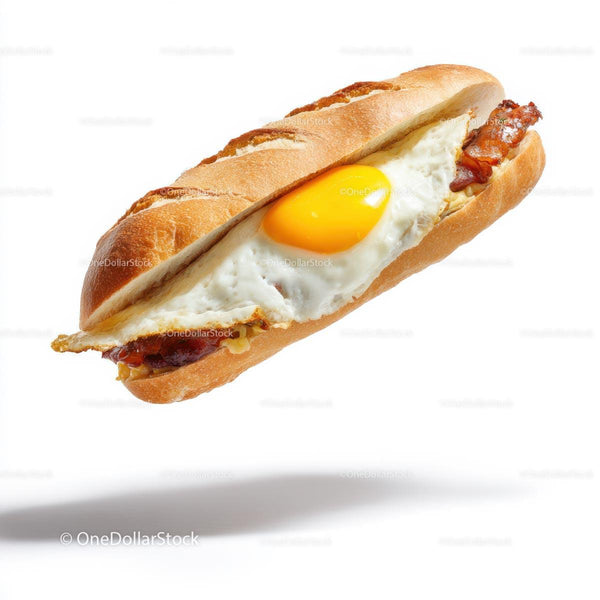 Crispy Bacon and Fried Egg Baguette on White Background