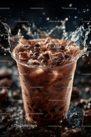 Iced Coffee with Splashes and Ice Cubes on Dark Background