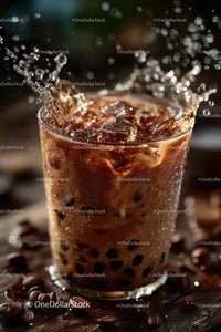 Iced Coffee with Splashes and Ice Cubes on Dark Background