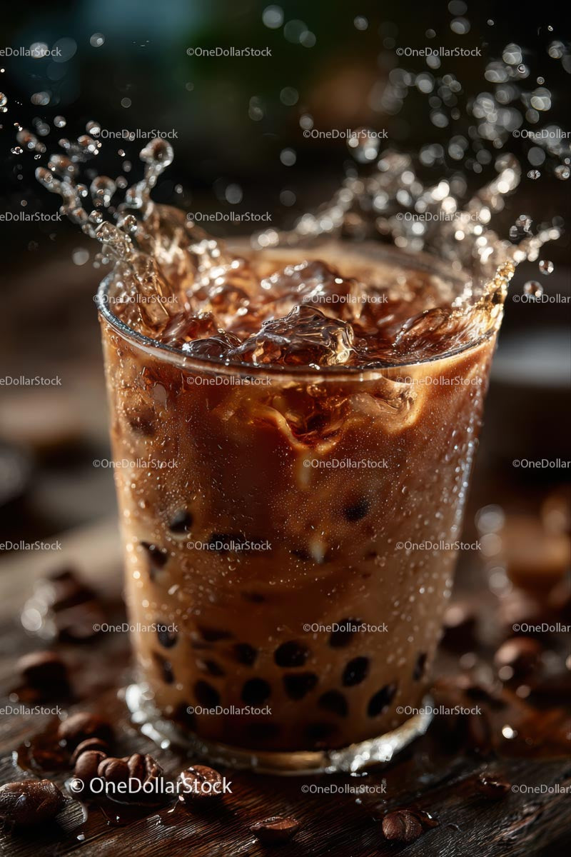 Refreshing Iced Coffee Splash with Coffee Beans