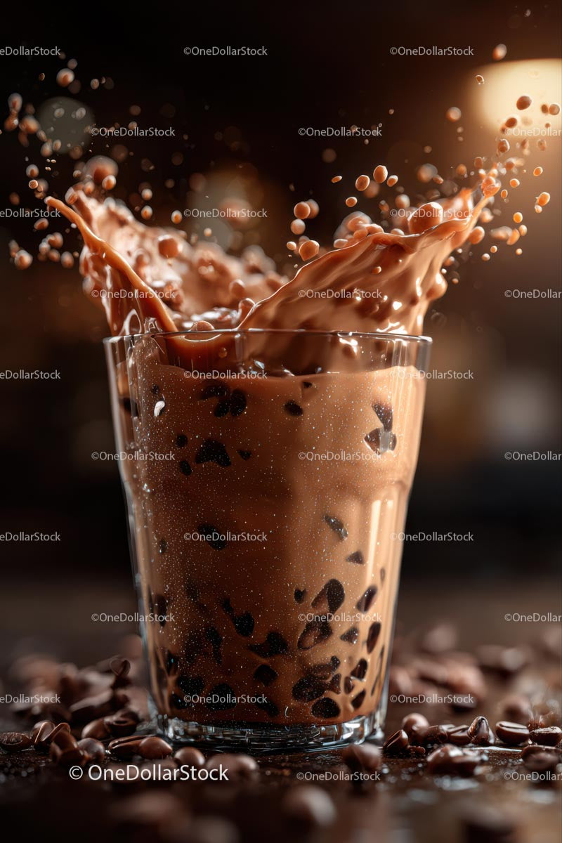 Dramatic Coffee Splash in Glass Cup with Coffee Beans