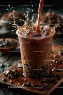 Iced Coffee with Splashes and Ice Cubes on Dark Background