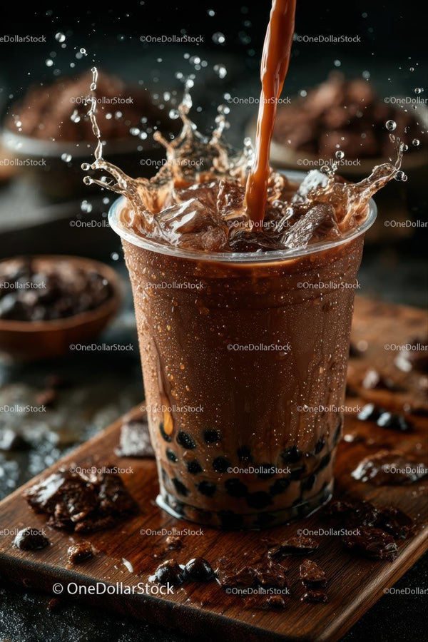 Splashing Chocolate Bubble Tea with Tapioca Pearls