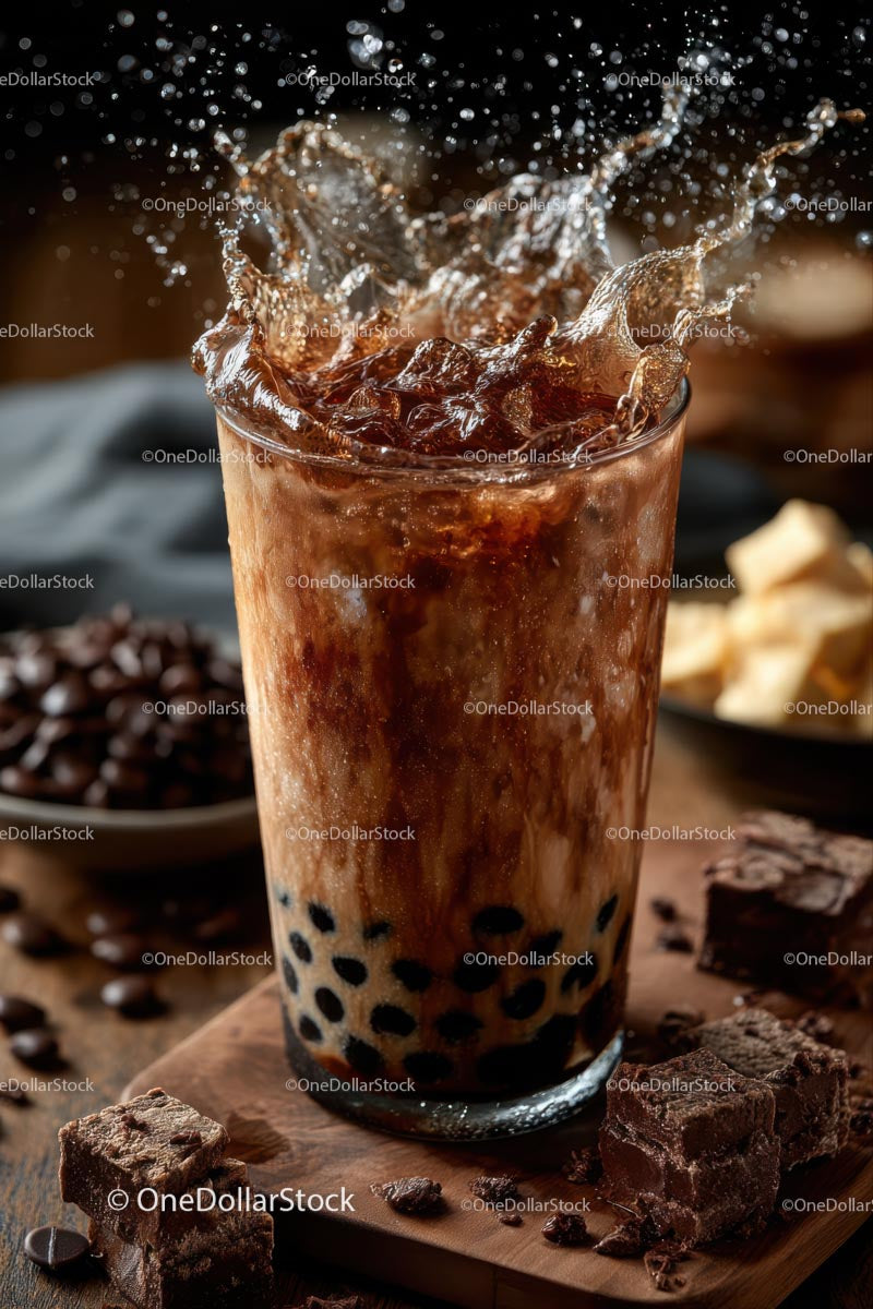 Iced Coffee with Splashes and Ice Cubes on Dark Background