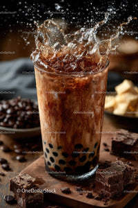 Bubble Tea Splash with Brown Sugar Pearls on Rustic Table