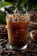 Iced Coffee Splash with Boba Pearls Refreshing Summer Drink