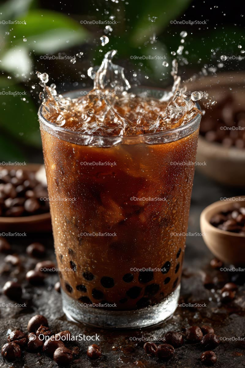 Iced Coffee Splash with Boba Pearls Refreshing Summer Drink