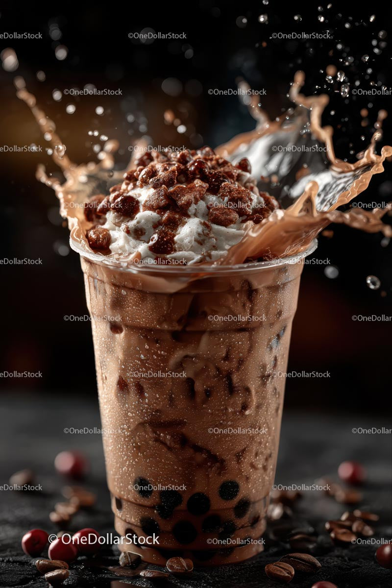 Iced Coffee with Whipped Cream and Chocolate Splash