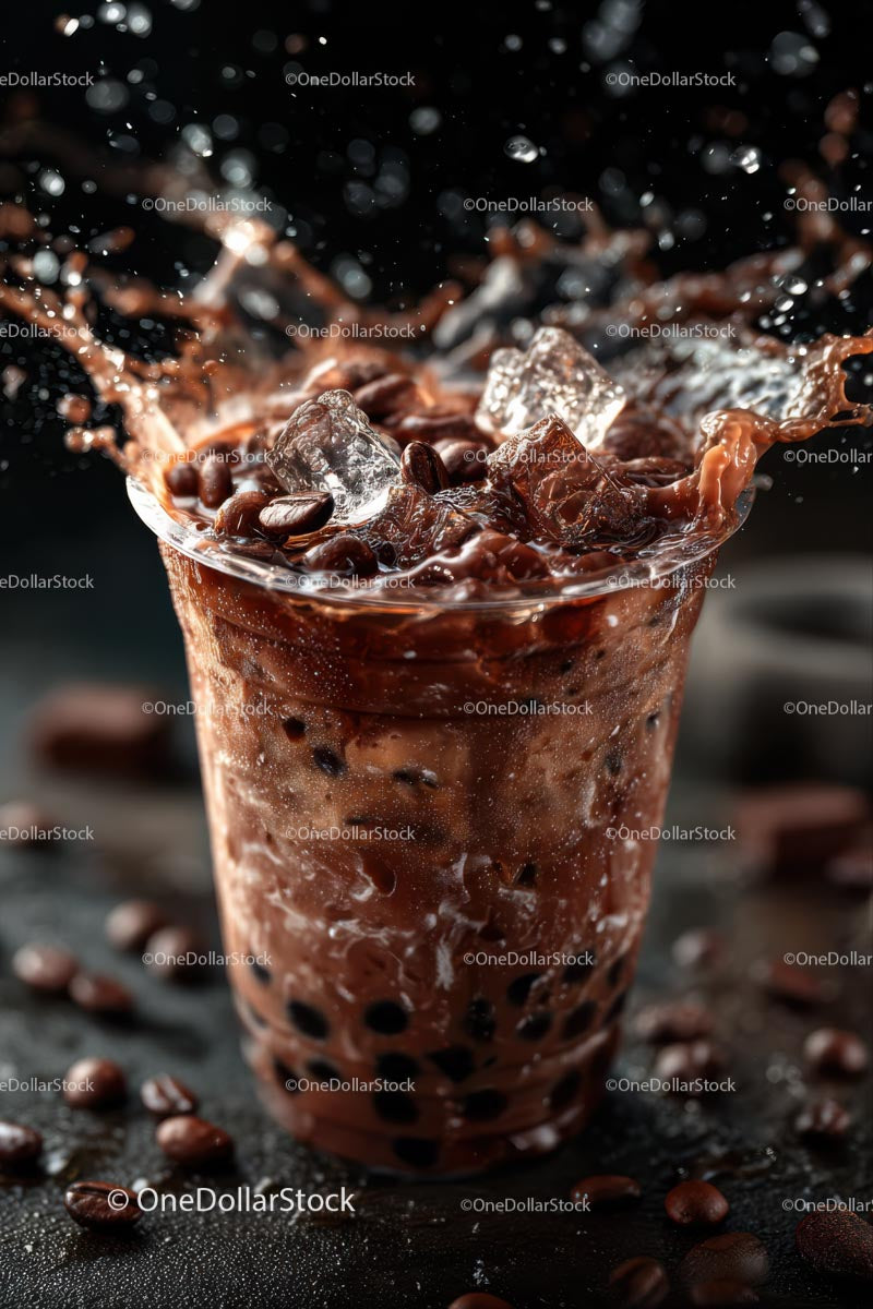 Splashing Iced Coffee with Coffee Beans and Ice Cubes