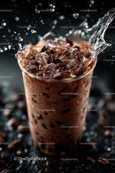 Iced Coffee Splash with Coffee Beans and Ice Cubes