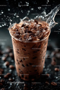 Iced Coffee Splash with Coffee Beans and Ice Cubes