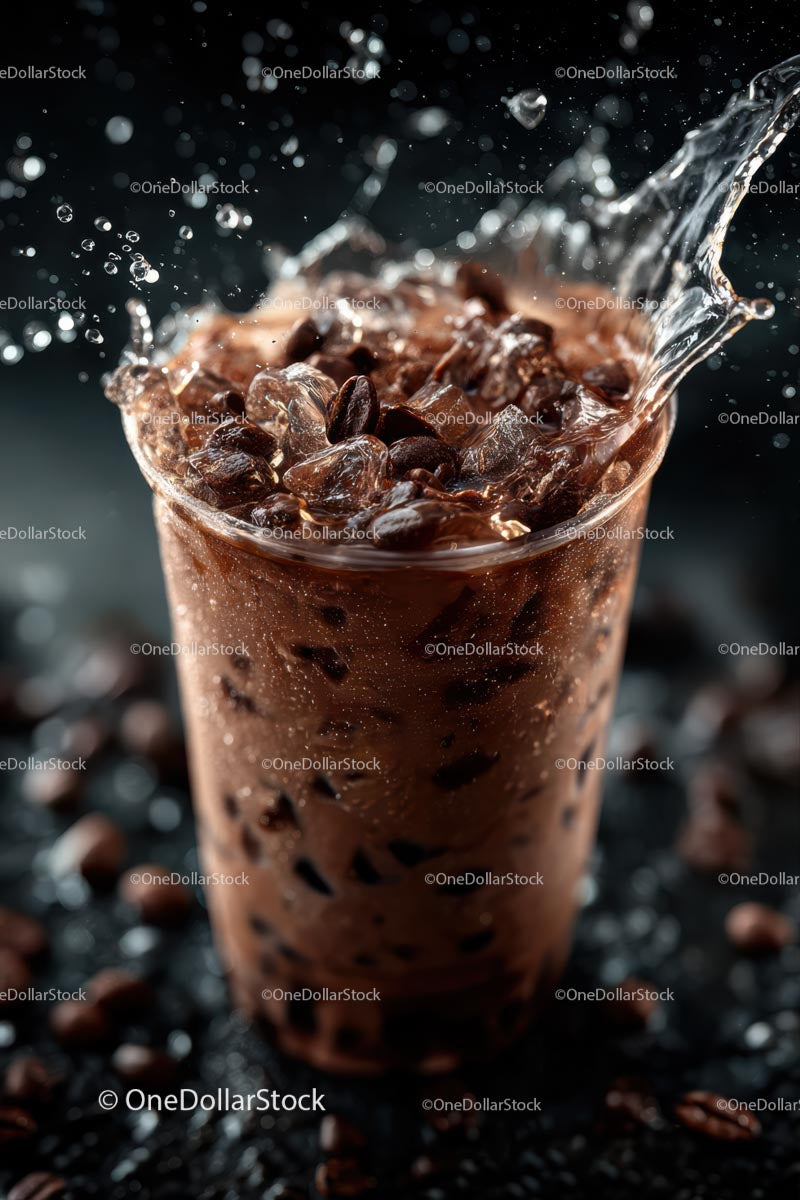 Iced Coffee Splash with Coffee Beans and Ice Cubes