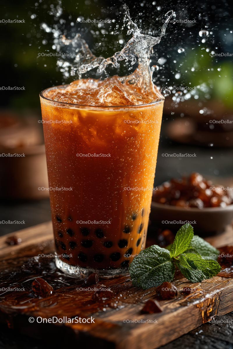 Iced Coffee with Splashes and Ice Cubes on Dark Background