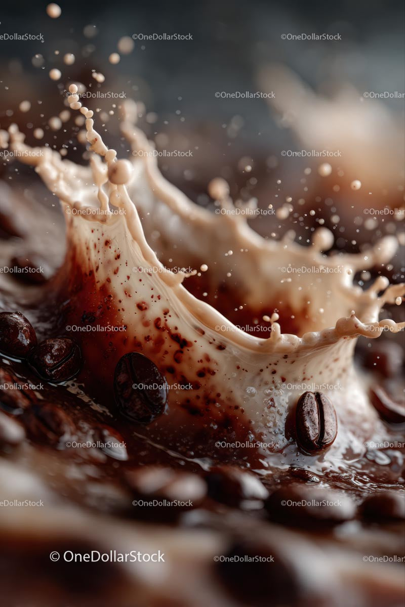 Dynamic Coffee Splash with Swirling Milk and Beans