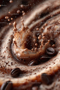 Iced Coffee with Splashes and Ice Cubes on Dark Background