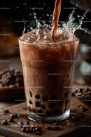 Iced Coffee with Splashes and Ice Cubes on Dark Background