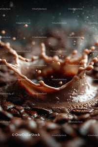 Iced Coffee with Splashes and Ice Cubes on Dark Background