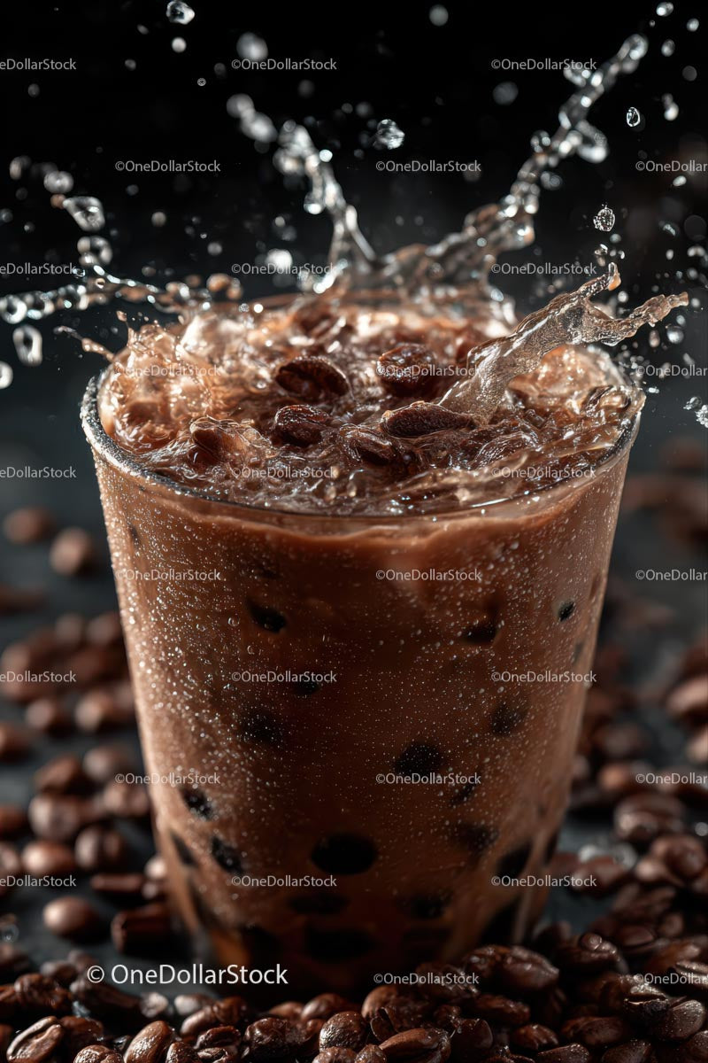 Iced Coffee Splash with Fresh Coffee Beans and Ice