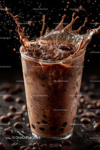 Iced Coffee Splashing in a Glass with Coffee Beans