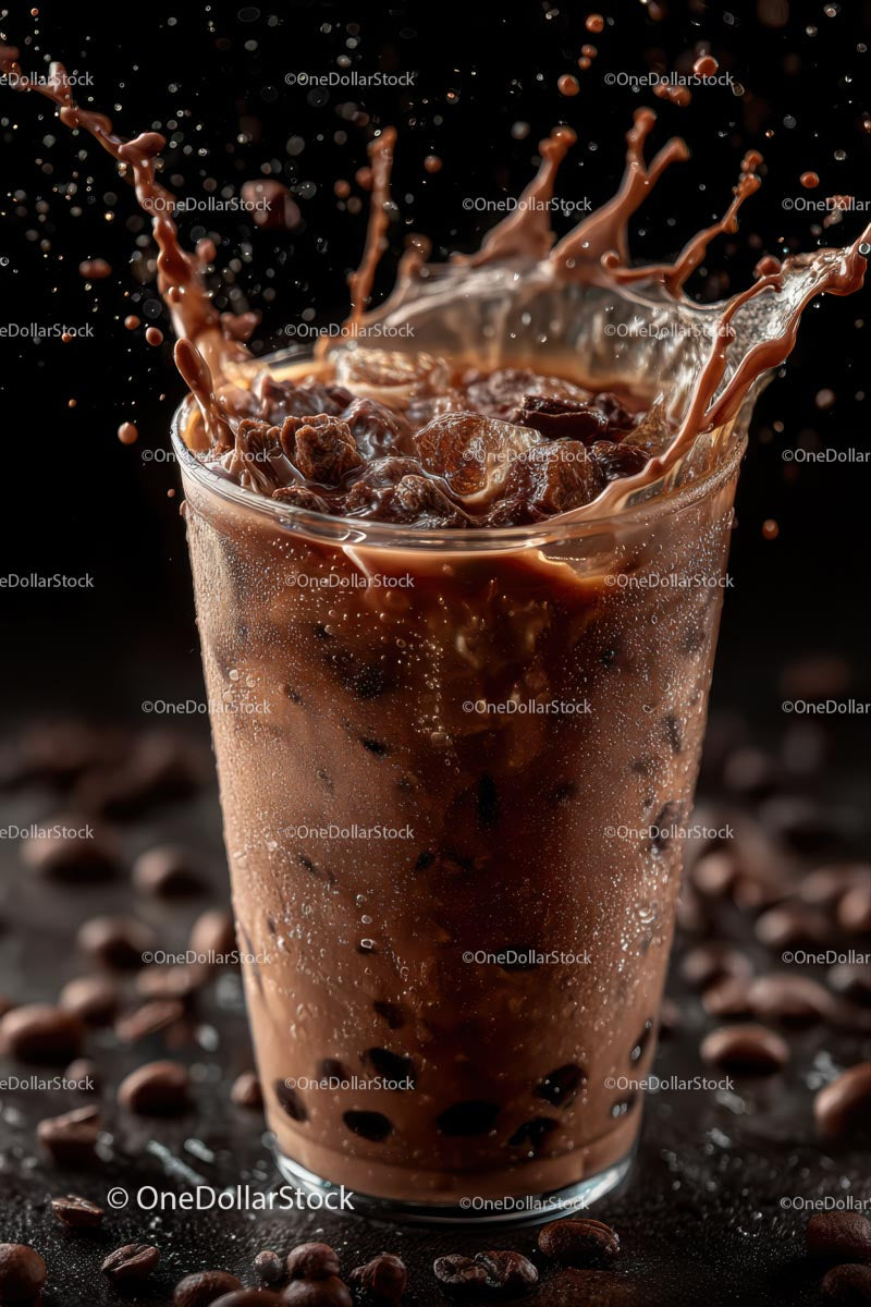 Iced Coffee Splashing in a Glass with Coffee Beans