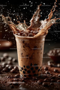 Iced Coffee with Splashes and Ice Cubes on Dark Background